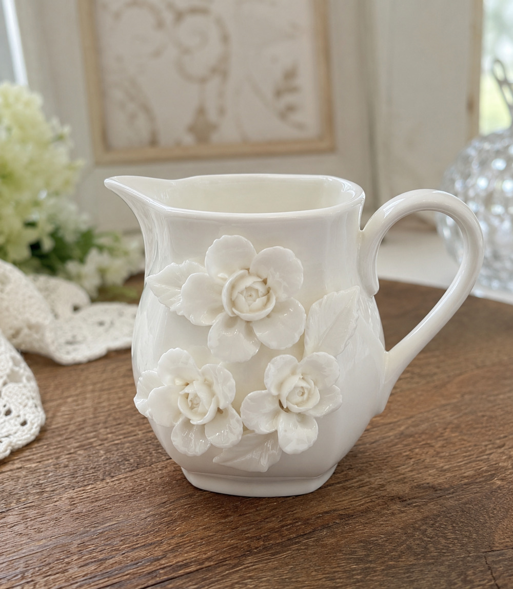 I. Godinger & Co Rosemary Porcelain Creamer White 3D Applied Flowers Floral
